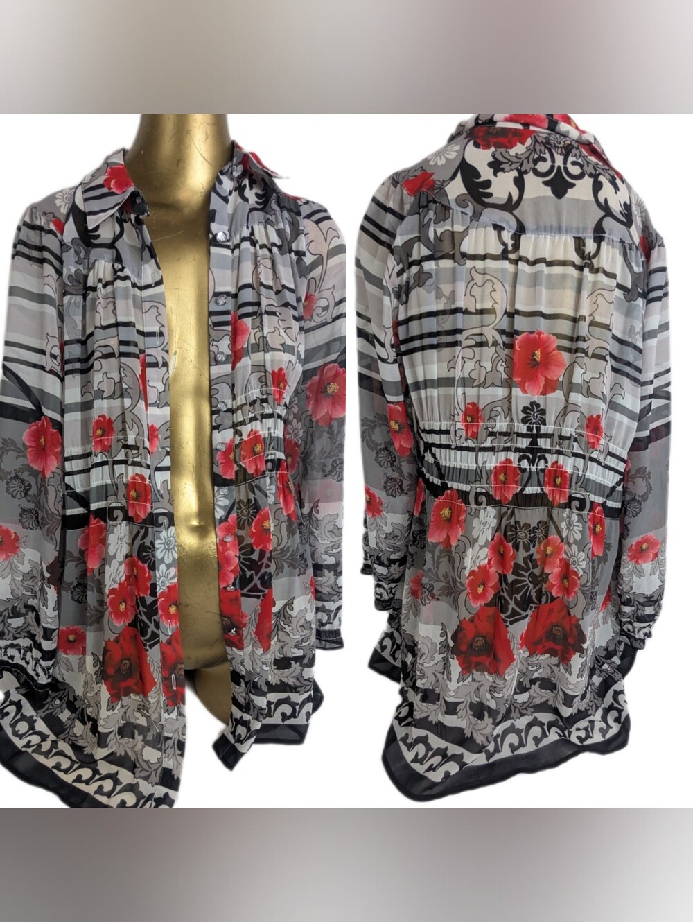 V Cristina Opaque Front Button Floral Tunic Blouse With Elastic Waist Medium